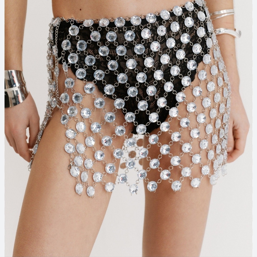 Clear jewel side split mini skirt M-L